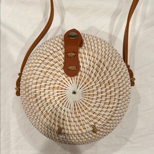 Round Woven Tan and White Crossbody Bag